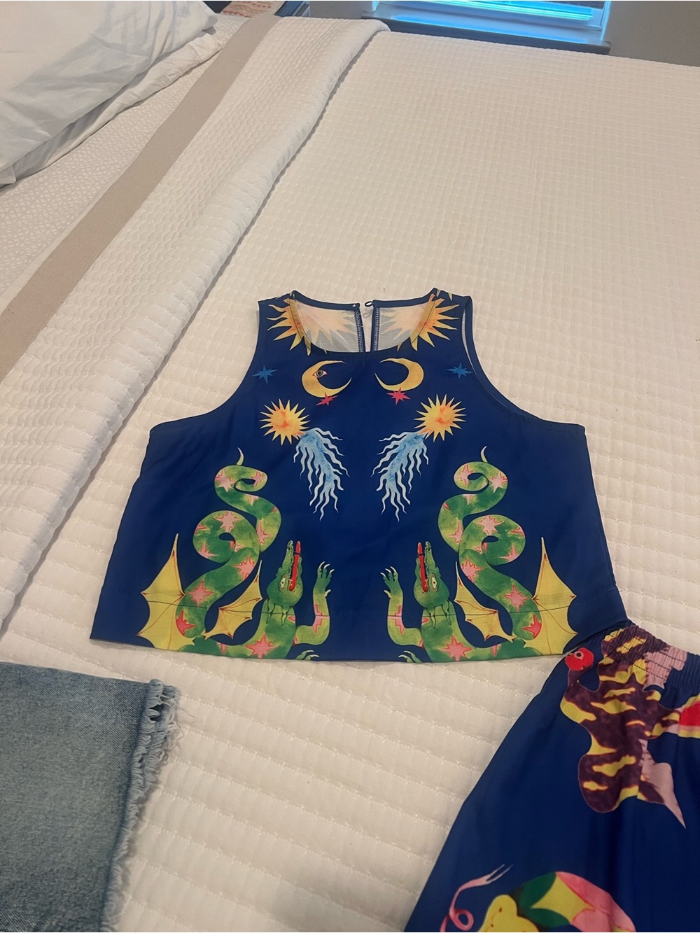 Blue Celestial & Dragon Print Crop Top and palazzo pant set